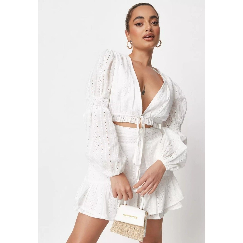 Missguided Women White Cord Broderie Tie Crop Top Eyelet Plunge V-Neck 6 NWT - Picture 1 of 12